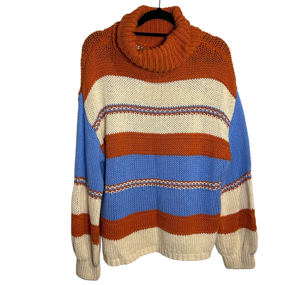 Chunky Knit Striped Turtleneck Sweater Orange Blue Cream Oversized Size S
